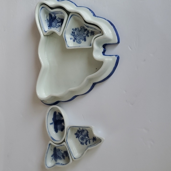 Chinese Blue White Porcelain Butterfly Moth Box Sweet Meat Tray Set - Picture 4 of 9